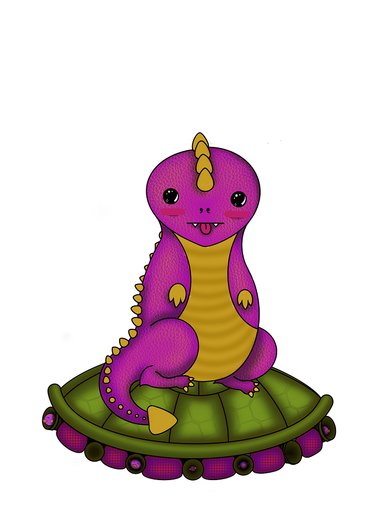 Illustration of Dino God on a turtle shell.