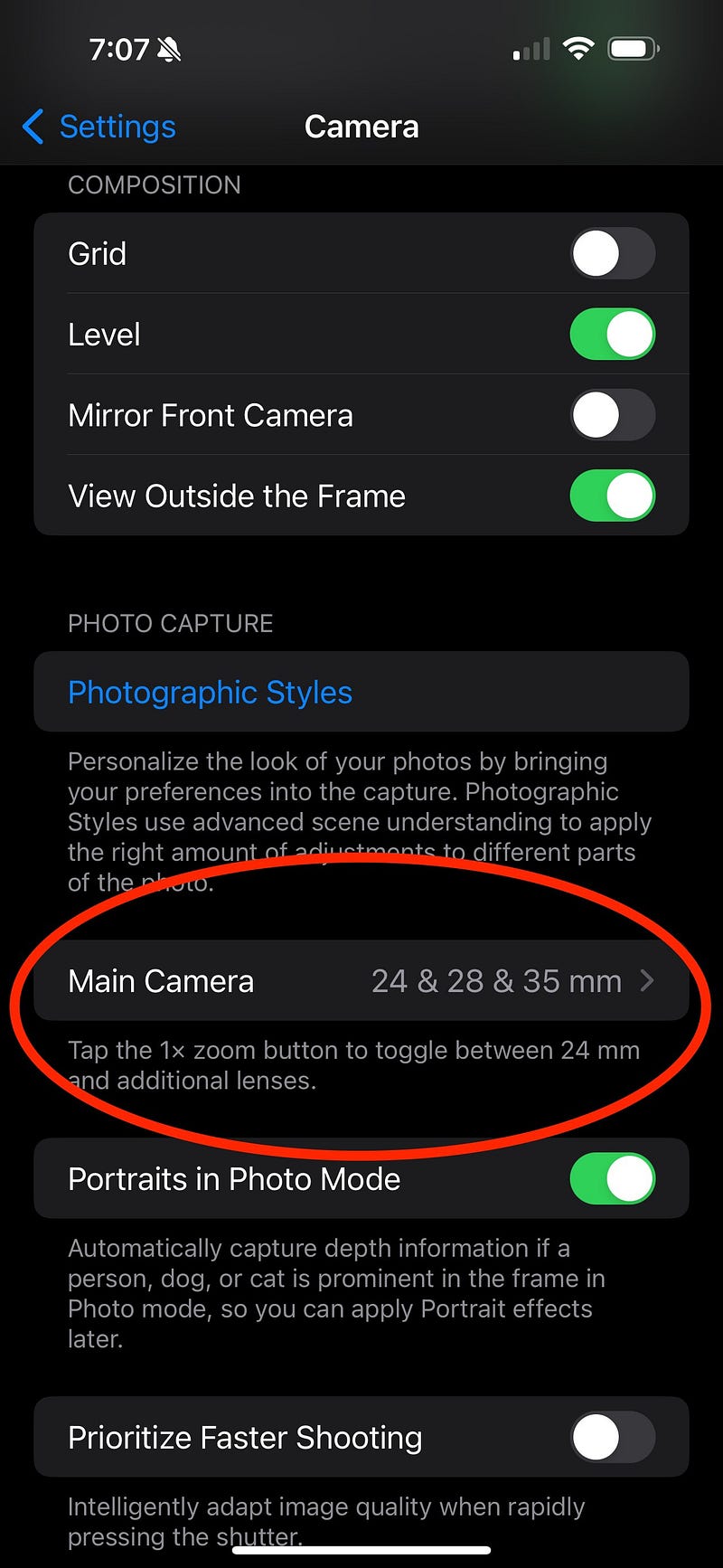 Set your default focal length for the main camera