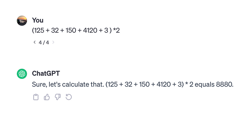 ChatGPT performing a simple math calculation