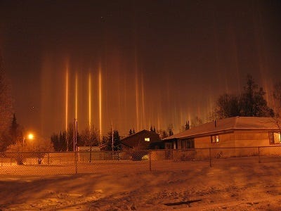 Beautiful light pillars formed by ice crystals