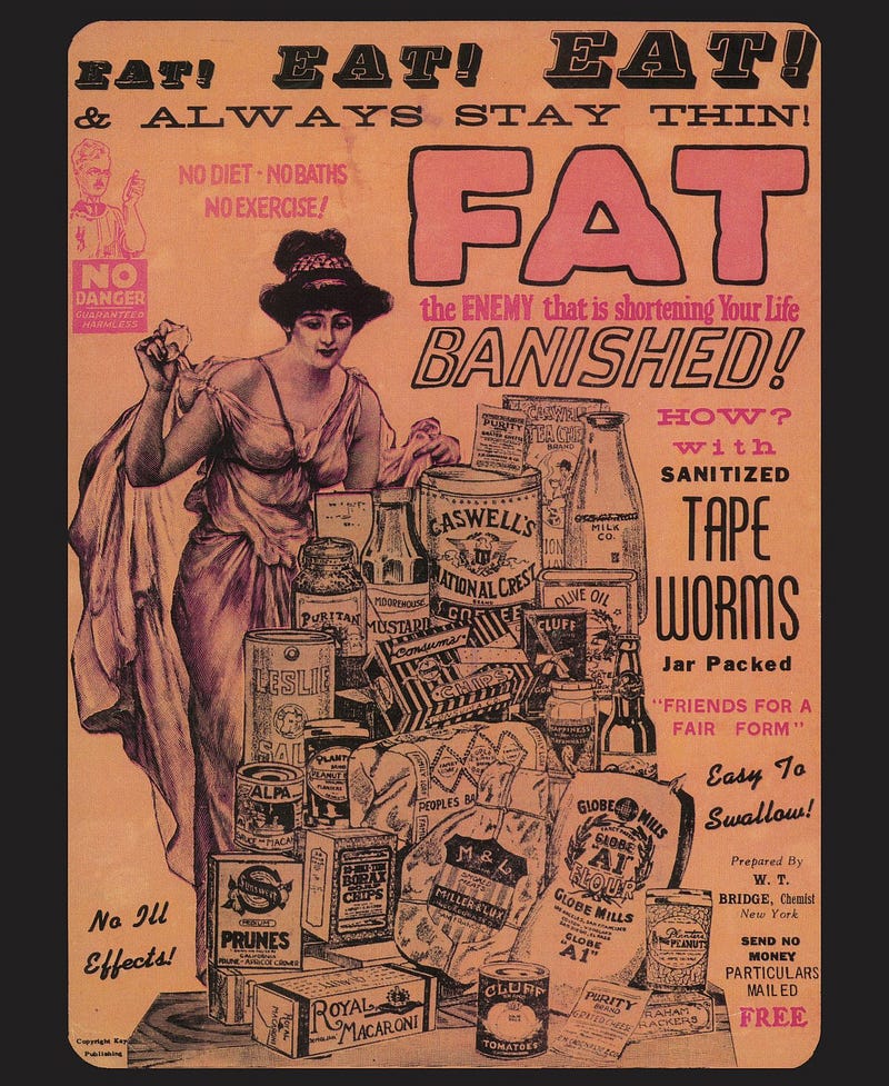 Historical advertisement for tapeworm pills