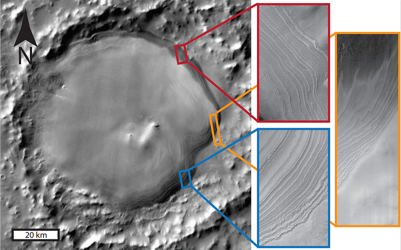 Layered ice formations in Burroughs Crater on Mars