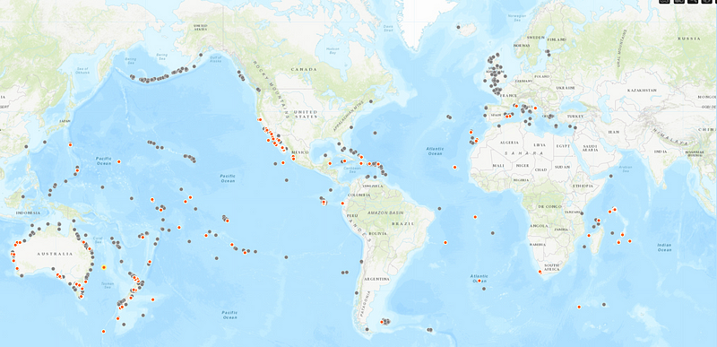 Map showing locations of cat eradications on islands.