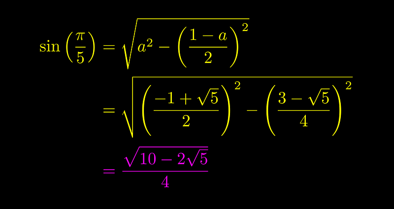 Right triangle illustrating the calculation of sin(π/5)