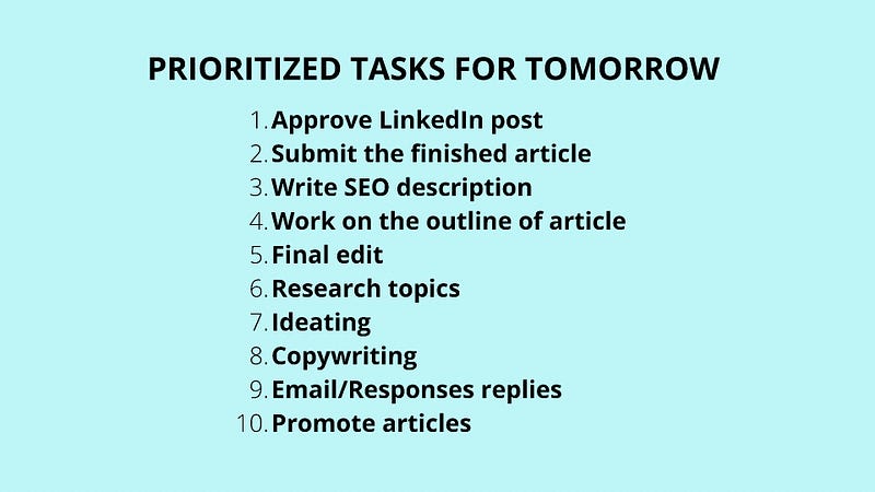 Final prioritized task list example