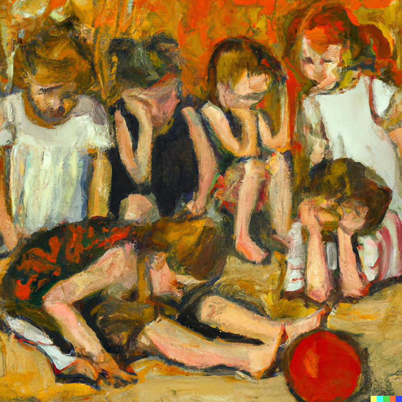 Depiction of exhausted children neglecting play