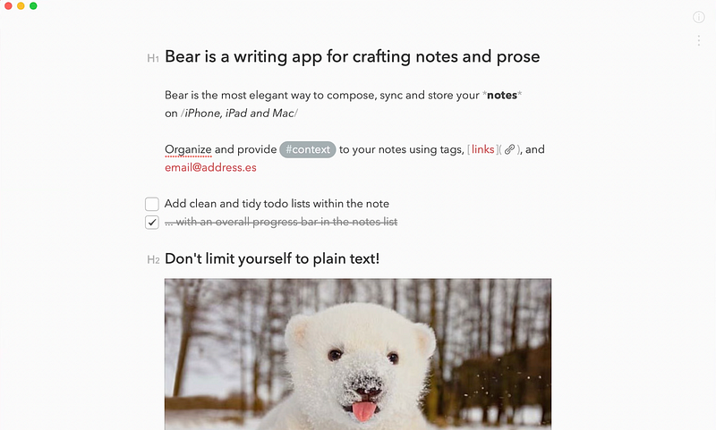 Bear app displaying note-taking interface