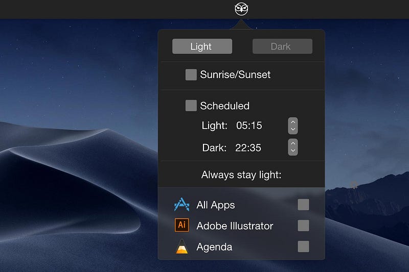 NightOwl app interface showcasing dark and light mode settings