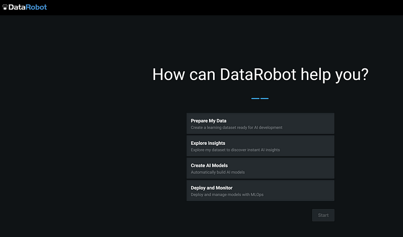 DataRobot welcome screen