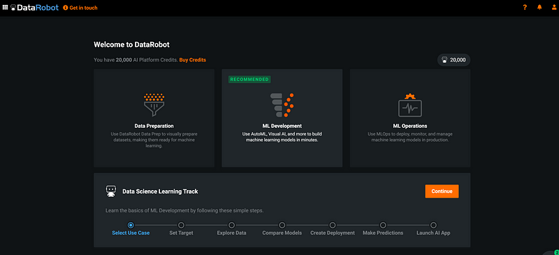 Selecting a dataset for project creation