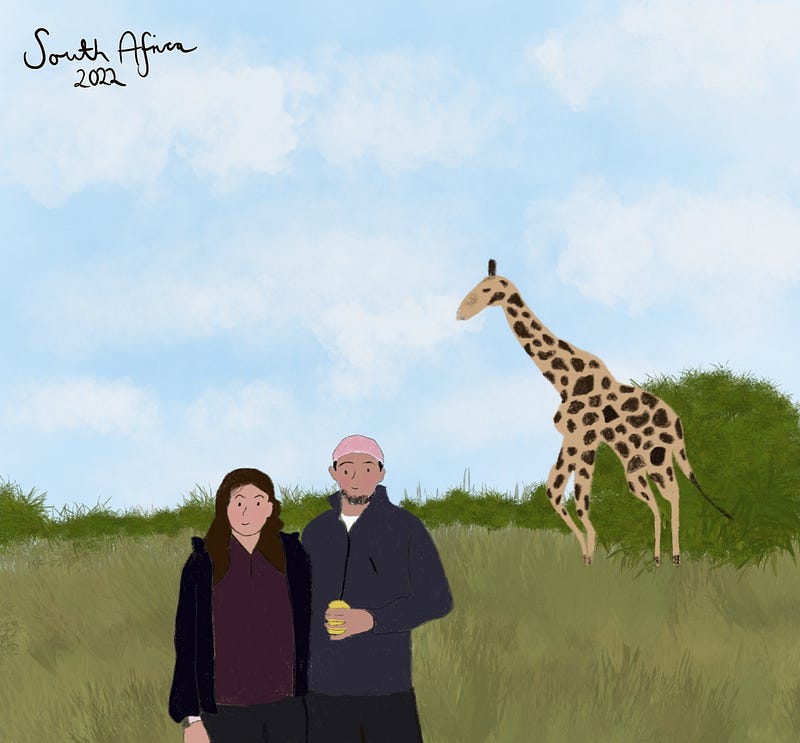 A whimsical drawing titled 'Beers with the Giraffes'